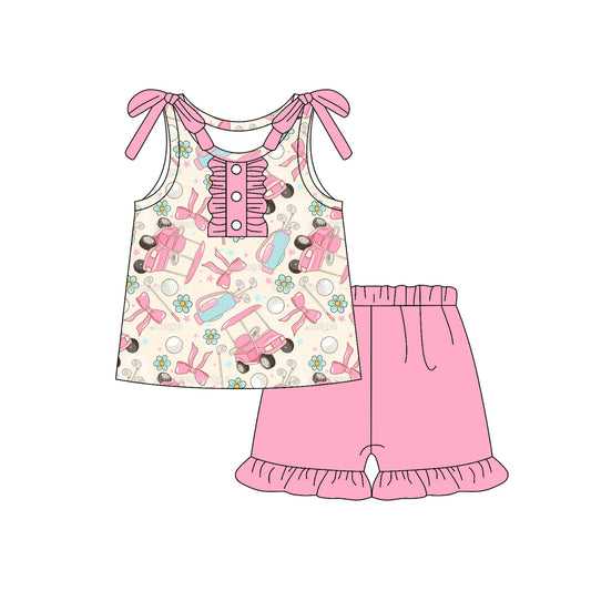 Baby Girls Bows Sleeveless Pink Golf Flowers Button Top Ruffle Short Set Preorder