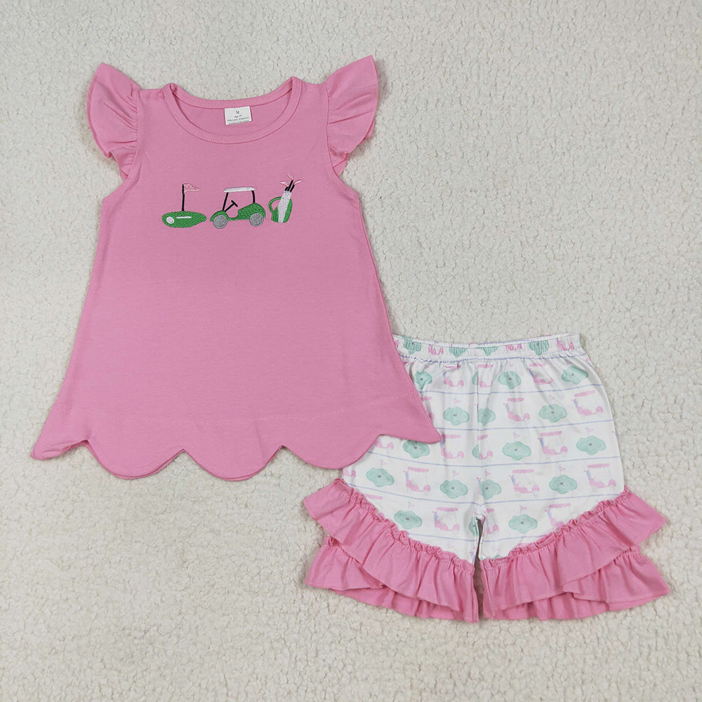 Embroidery Baby Girls Pink Flutter Sleeves Golf Truck Tunic Ruffle Shorts Sets