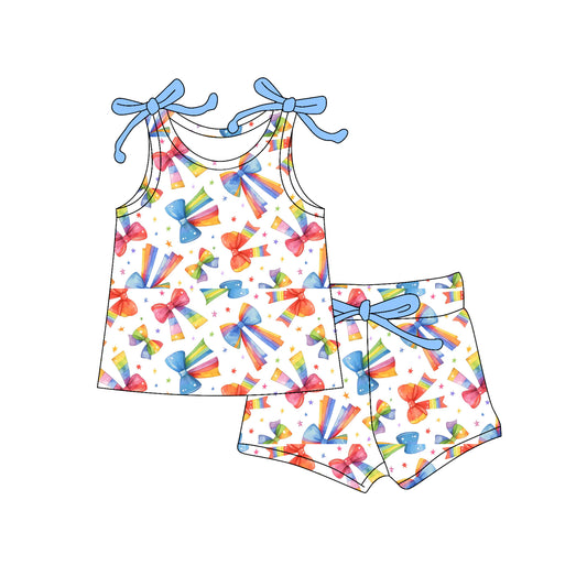 Baby Girls Sleeveless Colorful Bows Stars Top Short With Belt Set Preorder