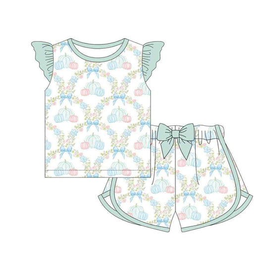 Baby Girls Flutter Sleeves Flower Pumpkins Plaid Top Bow Short Set Preorder