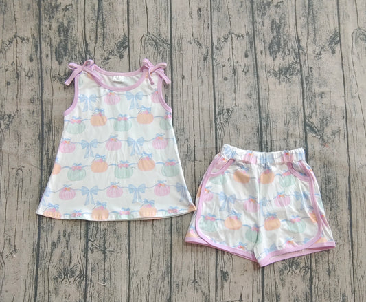 Baby Girls Bows Sleeveless Pumpkins Stripe Tunic Pockets Short Sets