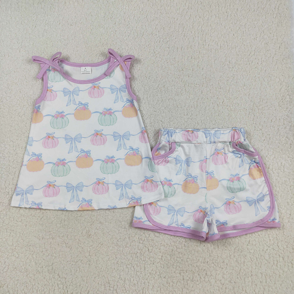 Baby Girls Bows Sleeveless Pumpkins Stripe Tunic Pockets Short Sets