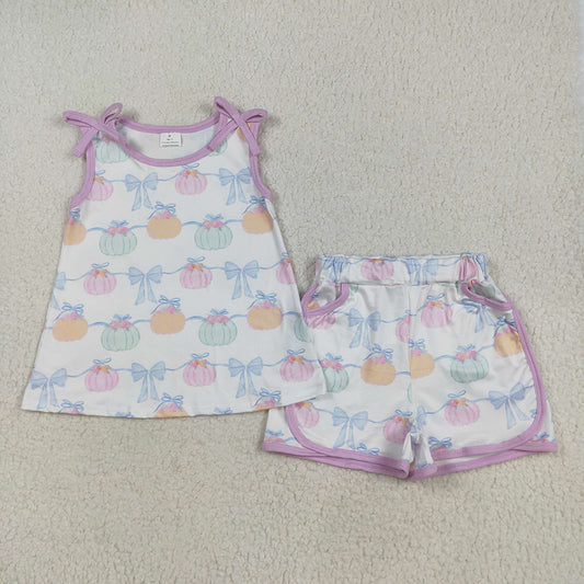 Baby Girls Bows Sleeveless Pumpkins Stripe Tunic Pockets Short Sets