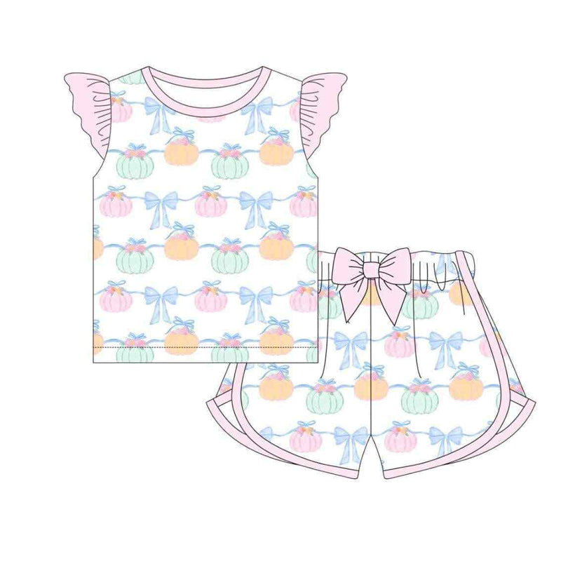 Preorder moq 5 Baby Girls Pumpkins Bows Stripe Top Short Fall Clothes Set