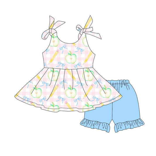 Baby Girls Strap Apple Bows Pencils Plaid Tunic Blue Ruffle Short Set Preorder
