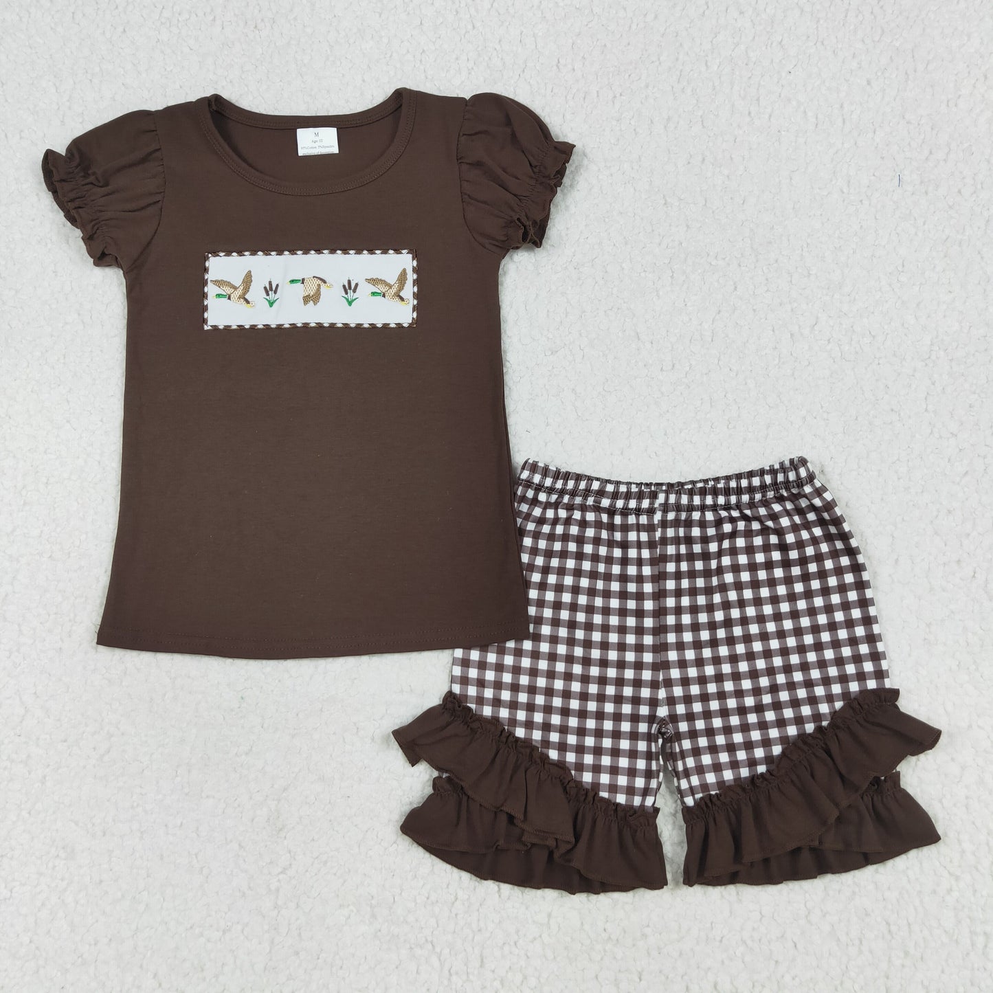 Embroidery Baby Girls Brown Short Ruffle Sleeves Ducks Top Short Sets