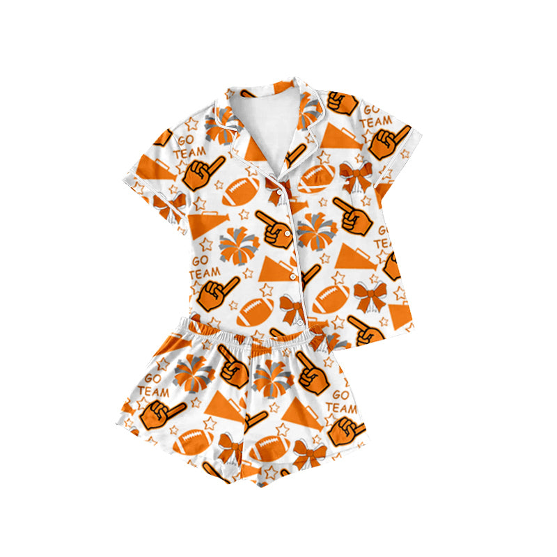 Baby Girls Orange Go Team Footballs Bows Button Top Short Pajamas Set