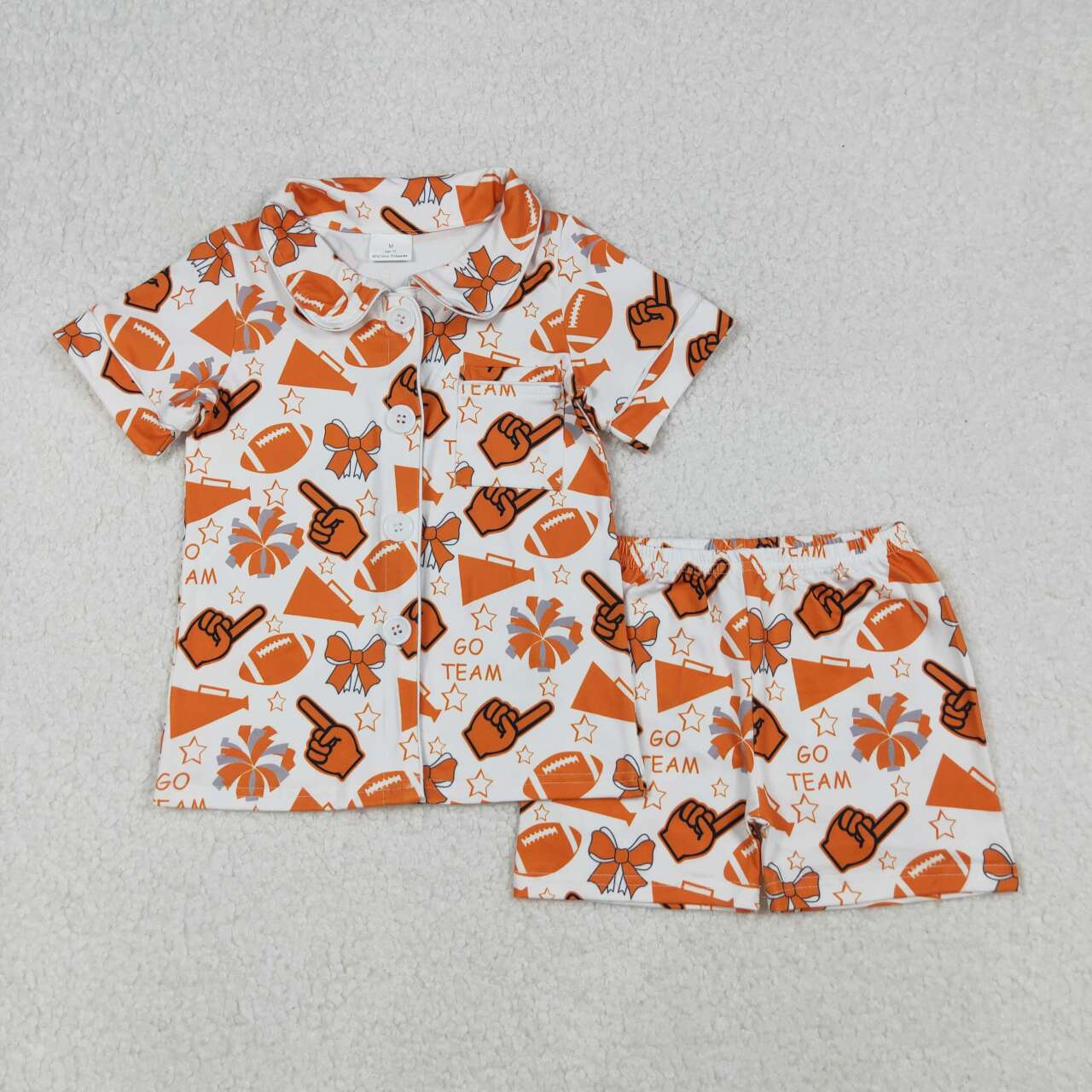 Baby Girls Orange Go Team Footballs Bows Button Top Short Pajamas Set