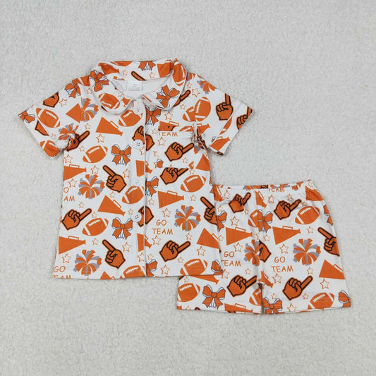 Baby Girls Orange Go Team Footballs Bows Button Top Short Pajamas Set