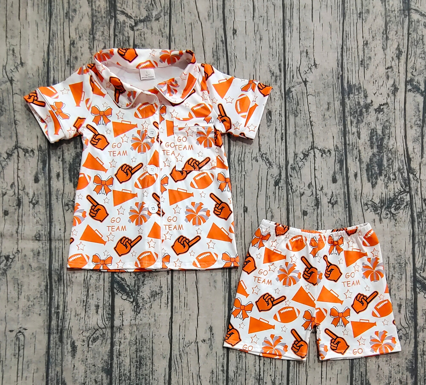 Baby Girls Orange Go Team Footballs Bows Button Top Short Pajamas Set