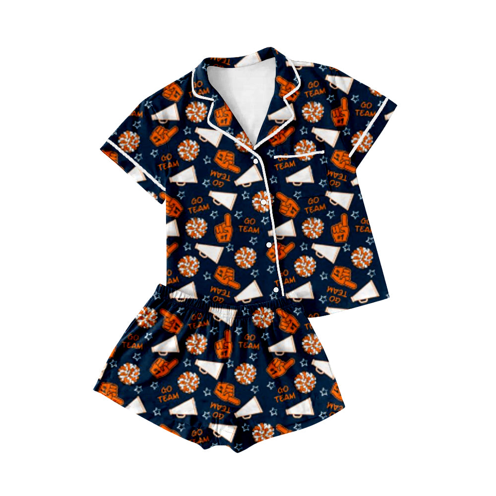 Baby Girls Hot Blue Shot Sleeves Team Cheer Button Top Short Pajamas Set Preorder