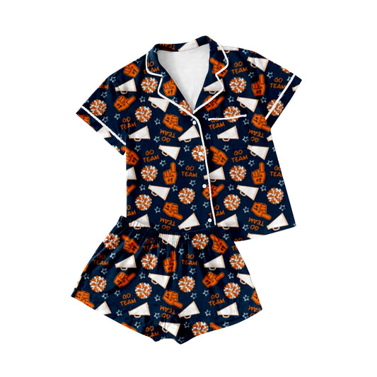 Baby Girls Hot Blue Shot Sleeves Team Cheer Button Top Short Pajamas Set Preorder