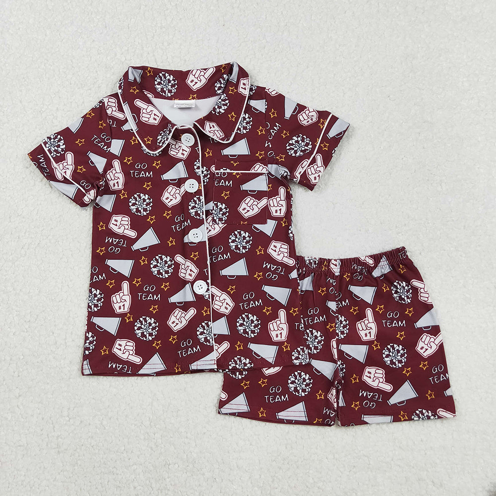 Baby Girls Dark Red Shot Sleeves Team Cheer Button Top Short Pajamas Sets