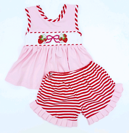 Baby Girls Sleeveless Bow Strawberry Tunic Stripe Ruffle Short Set Preorder