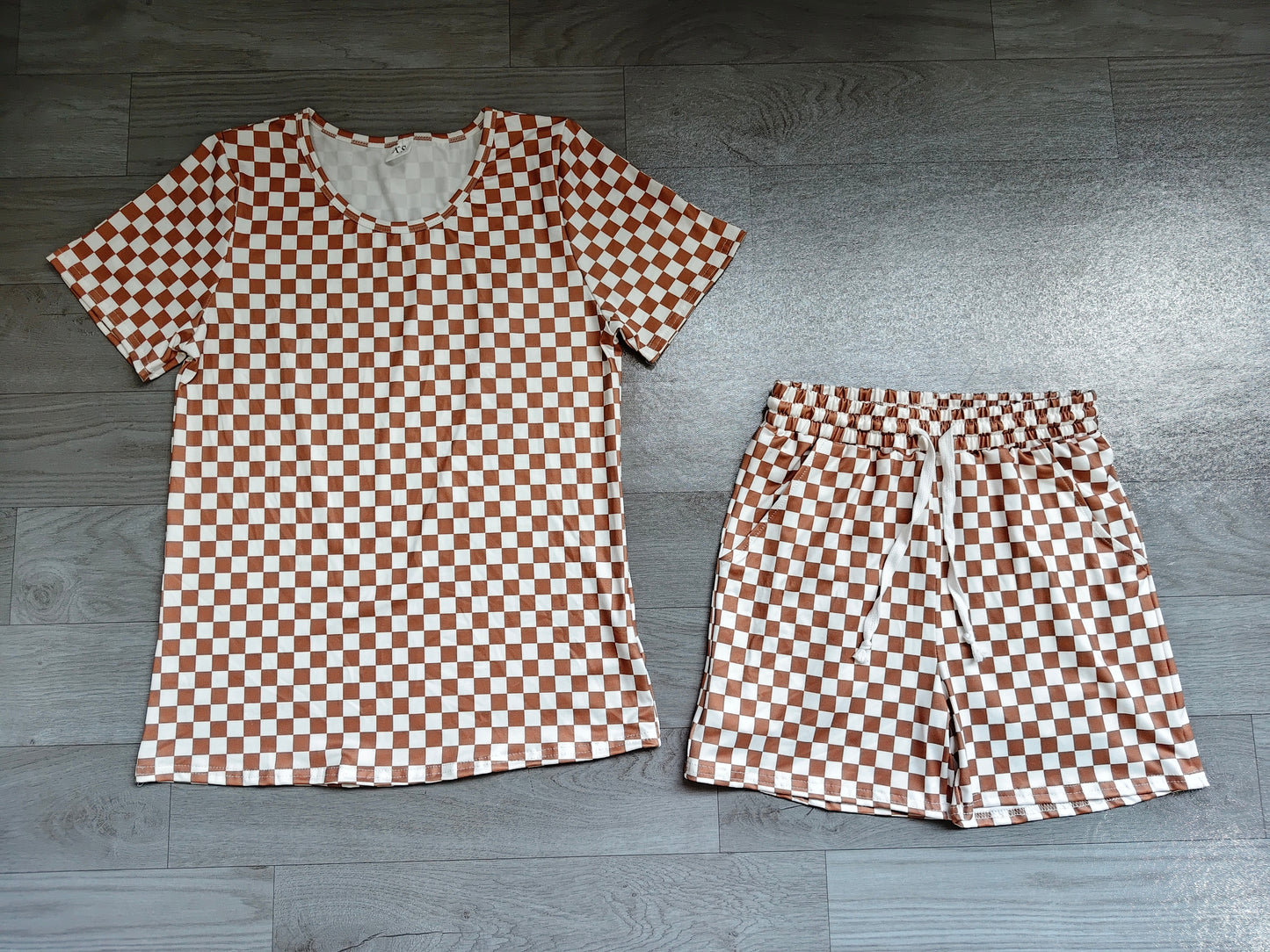 Adult Women Short Sleeves Khaki Plaid Top Shorts Pajamas Set Preorder