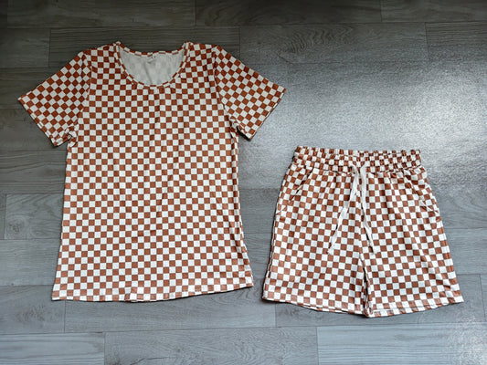 Adult Women Short Sleeves Khaki Plaid Top Shorts Pajamas Set Preorder