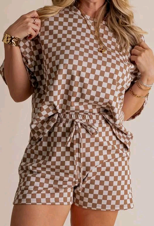 Adult Women Short Sleeves Khaki Plaid Top Shorts Pajamas Set Preorder
