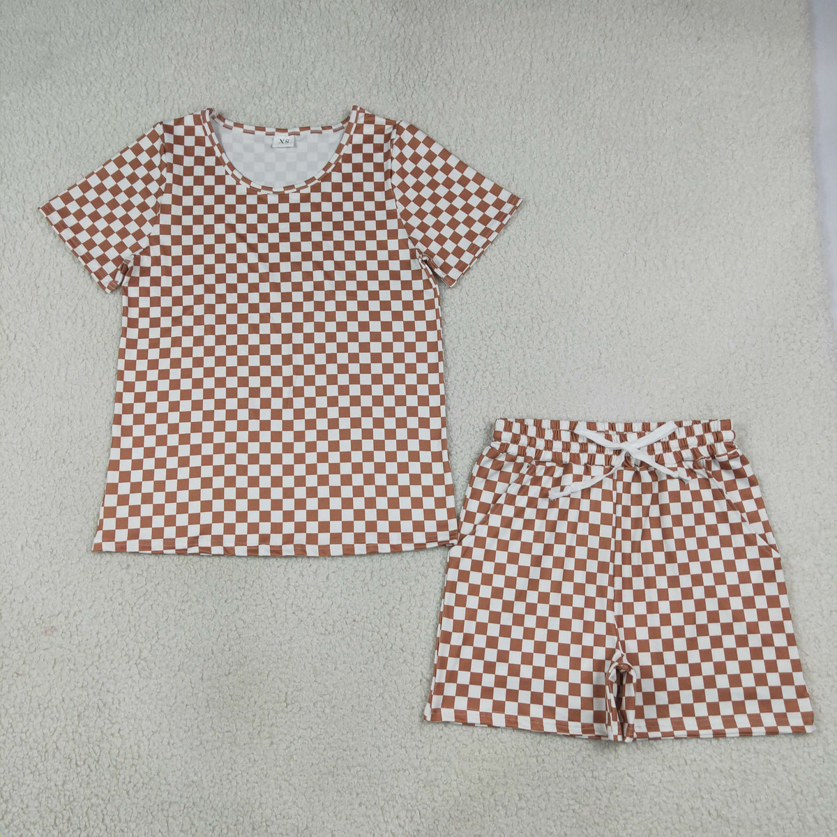 Adult Women Short Sleeves Khaki Checked Top Pockets Short Pajamas Clothes Set