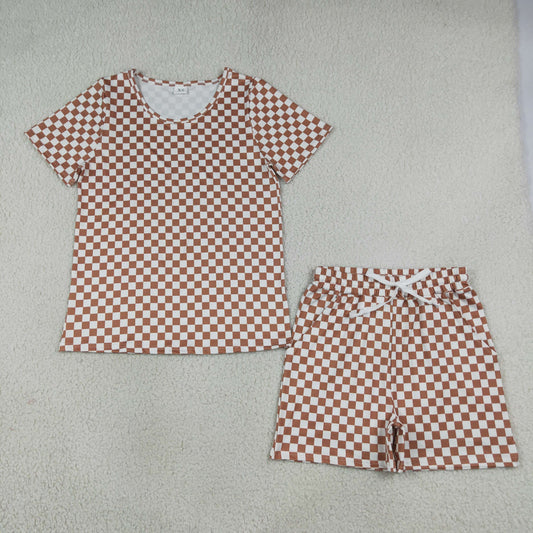 Adult Women Short Sleeves Khaki Checked Top Pockets Short Pajamas Clothes Set
