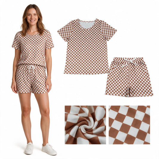 Adult Women Short Sleeves Khaki Checked Top Pockets Short Pajamas Clothes Set