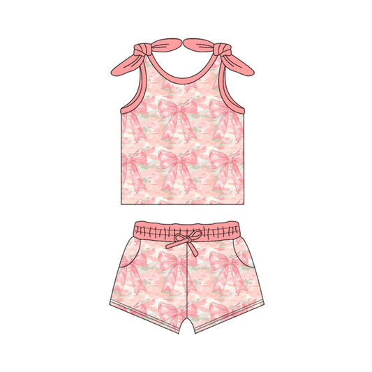 Baby Girls Peach Sleeveless Camo Bows Vest Top Pockets Short Set Preorder