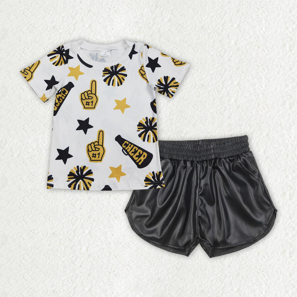 Baby Girls Cheer Yellow Team Tops Black Leather Shorts Clothes Sets