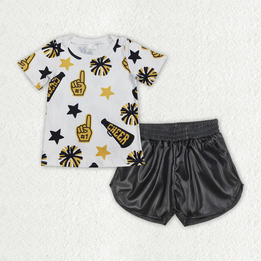 Sibling Baby Girls Cheer Team Shirts Top Leather Shorts Summer Clothes Sets