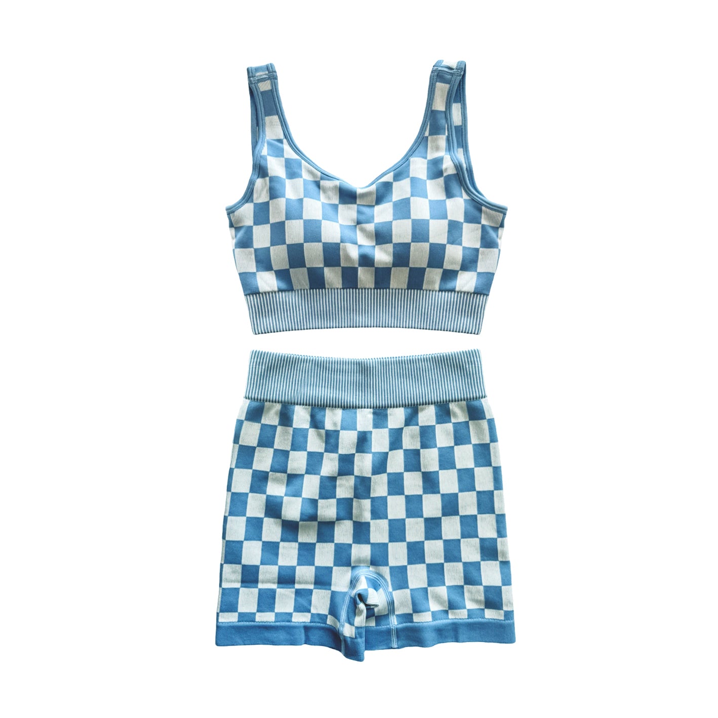 Adult Women Sleeveless Blue Plaid Vests Top Short Sets Preorder