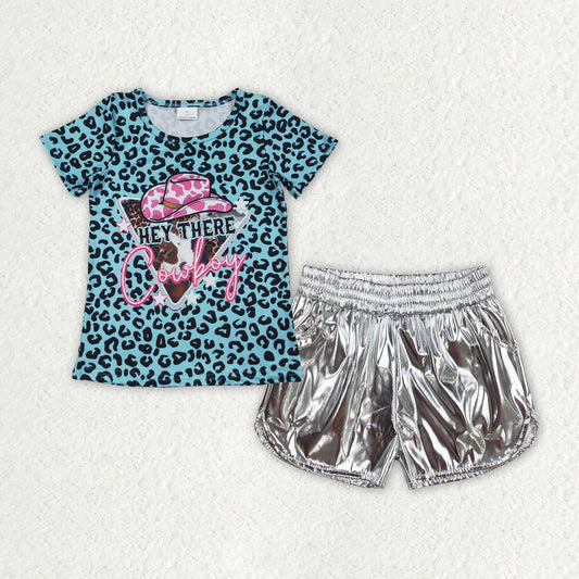 Baby Girls Blue Leopard Cowboy Tops White Leather Shorts Clothes Sets