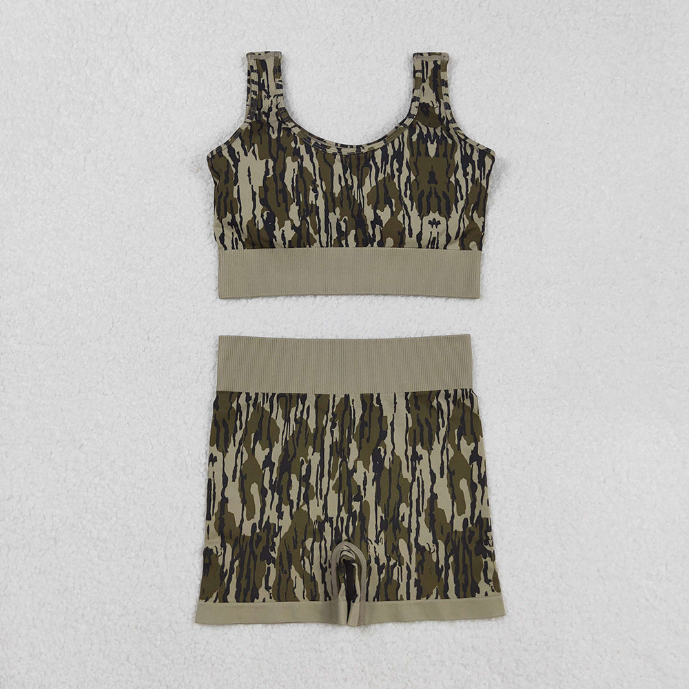 Adult Women Sleeveless Olive Camo Vests Top Sports Short Sets