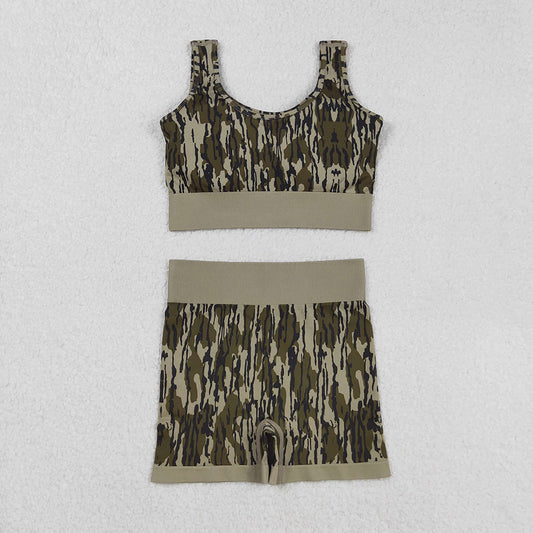 Adult Women Sleeveless Olive Camo Vests Top Sports Short Sets