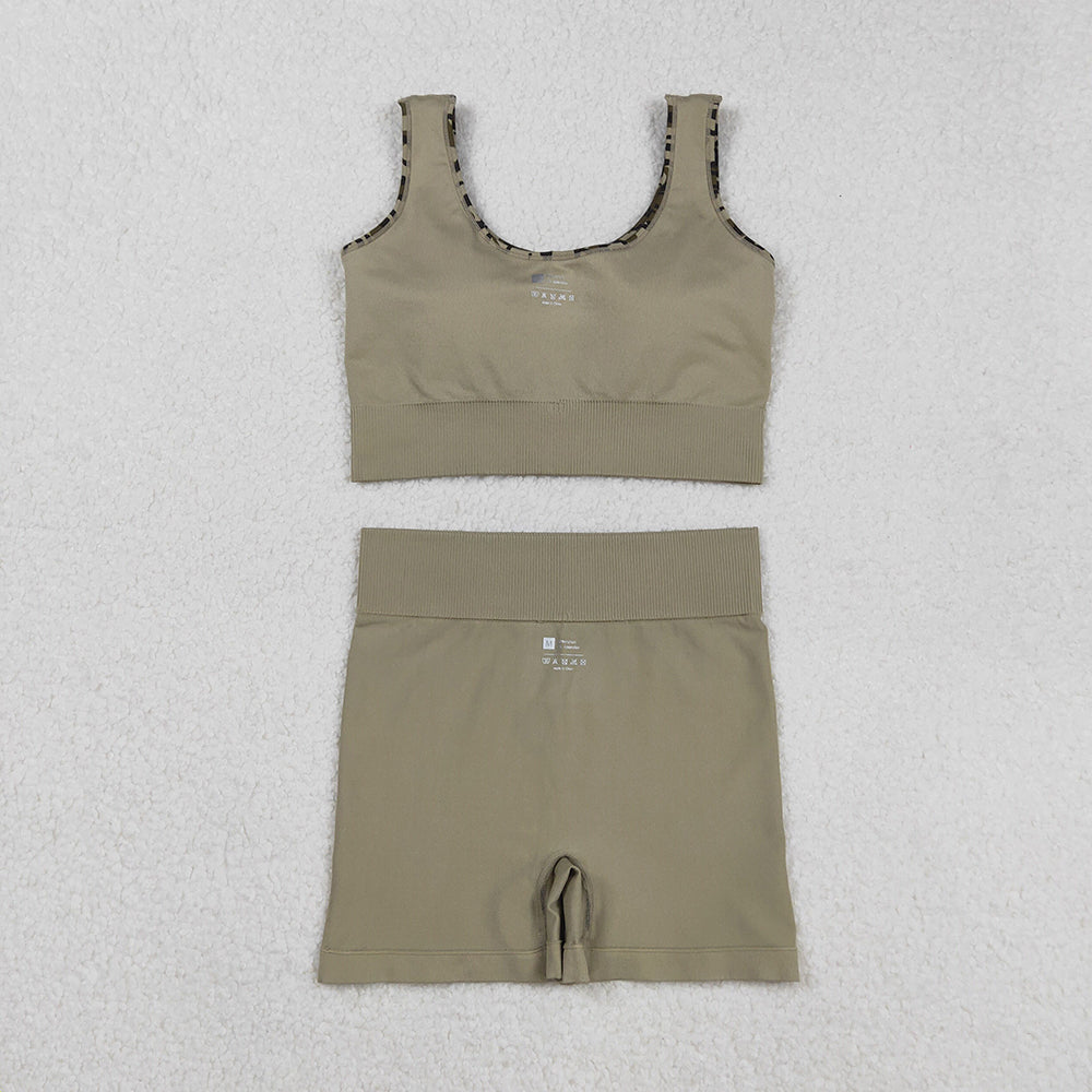 Adult Women Sleeveless Olive Camo Vests Top Sports Short Sets