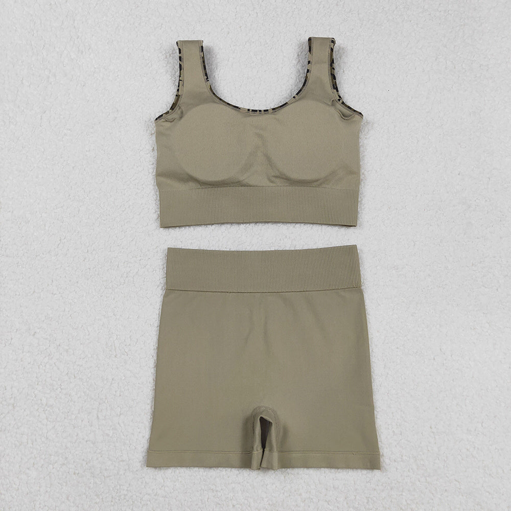 Adult Women Sleeveless Olive Camo Vests Top Sports Short Sets
