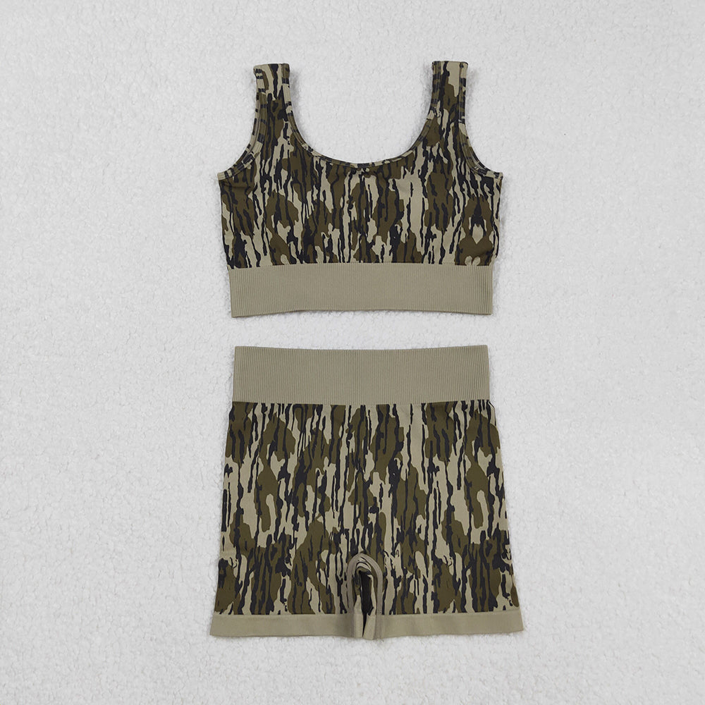 Adult Women Sleeveless Olive Camo Vests Top Sports Short Sets