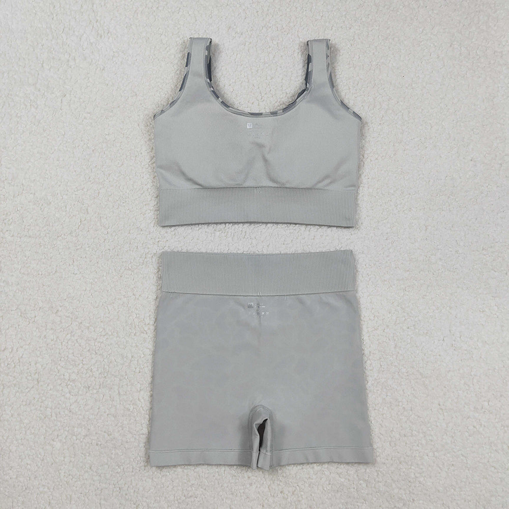 Adult Women Sleeveless Light Green Camo Vests Top Short Sets