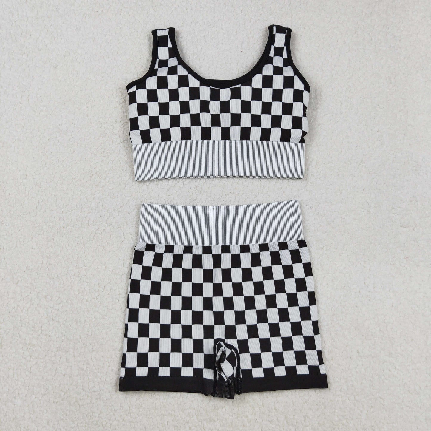 Sibling Adult Women Checkered Camo Crop Bra Top Shorts Outfits Sets