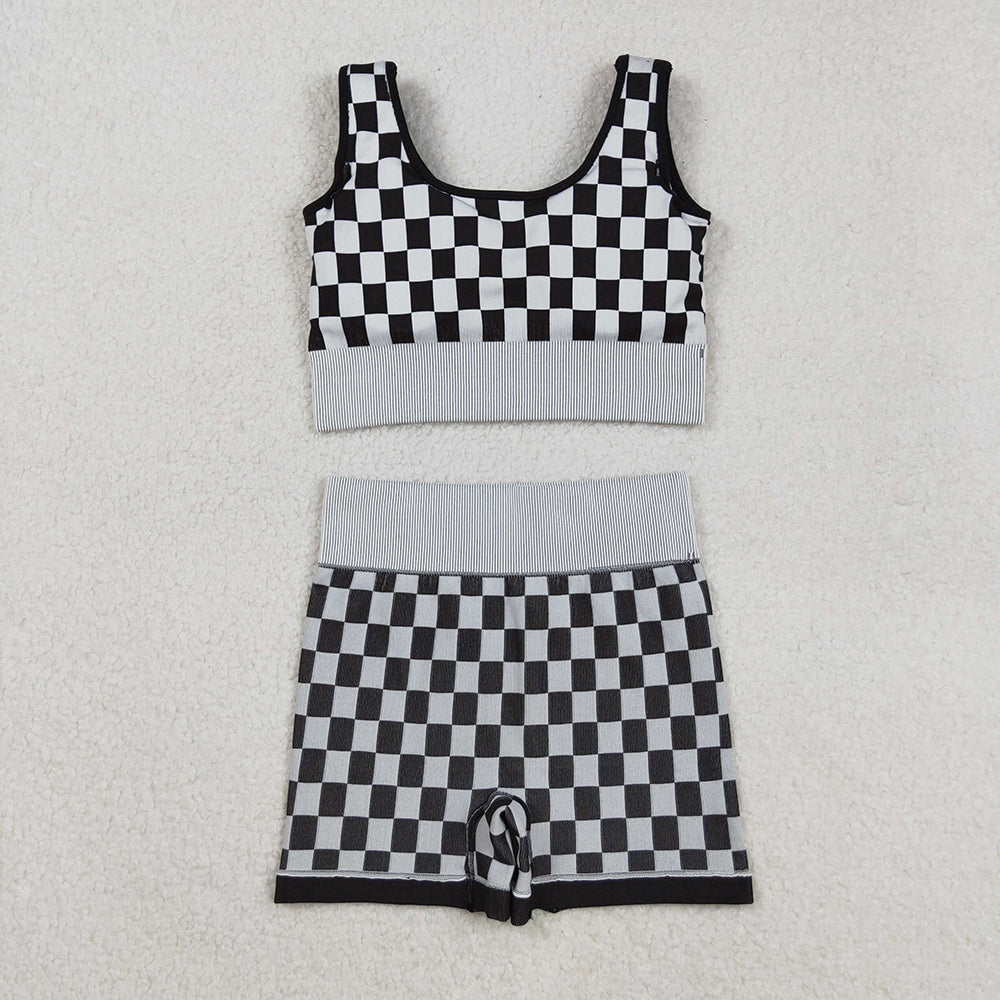 Adult Women Sleeveless Black Plaid Vests Top Short Sets