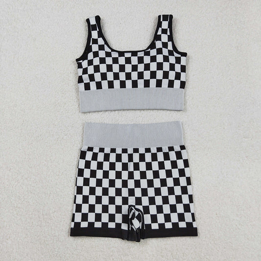 Adult Women Sleeveless Black Plaid Vests Top Short Sets