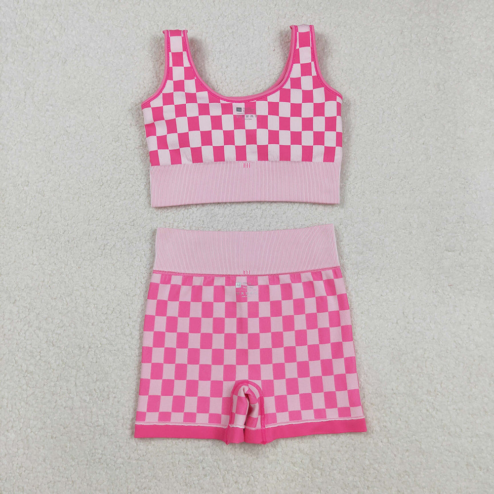 Adult Women Pink Checkered Crop Bra Top Shorts Yoga Outfits Sets