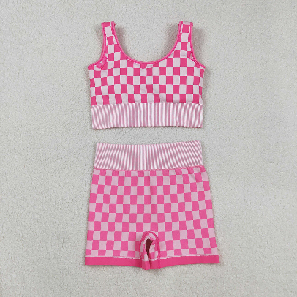 Adult Women Pink Checkered Crop Bra Top Shorts Yoga Outfits Sets