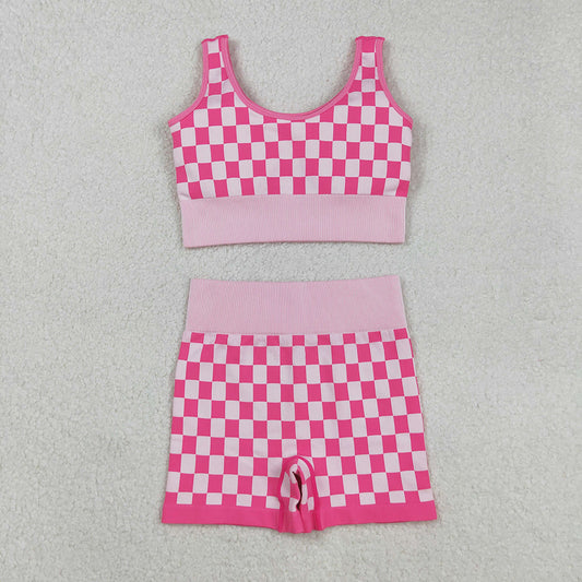 Adult Women Pink Checkered Crop Bra Top Shorts Yoga Outfits Sets