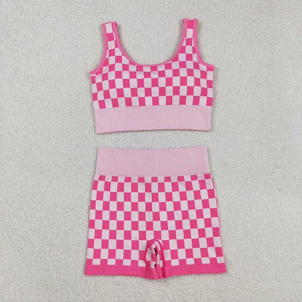 Adult Women Pink Checkered Crop Bra Top Shorts Yoga Outfits Sets