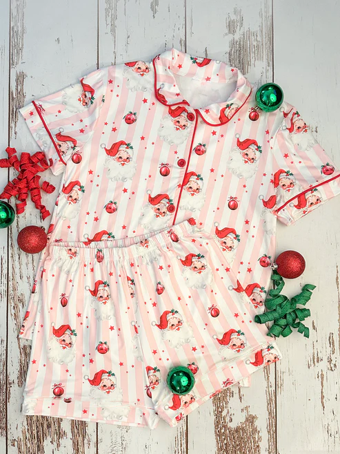 Baby Girls Pink Stripe Santa Stars Button Top Shorts Christmas Pajamas Sets Preorder