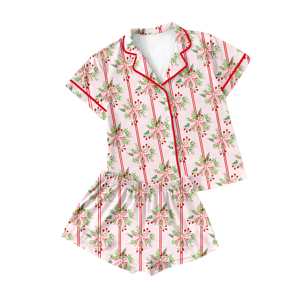 Baby Girls Pink Bows Holly Stripe Button Top Shorts Christmas Pajamas Sets Preorder