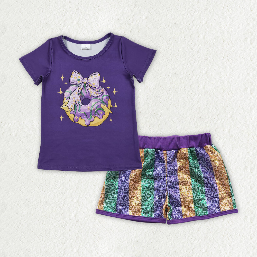 Baby Girls Purple Bows Donuts Top Stripe Sequin Shorts Mardigras Clothes Sets