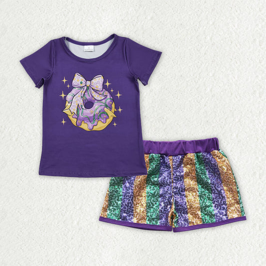 Baby Girls Purple Bows Donuts Top Stripe Sequin Shorts Mardigras Clothes Sets
