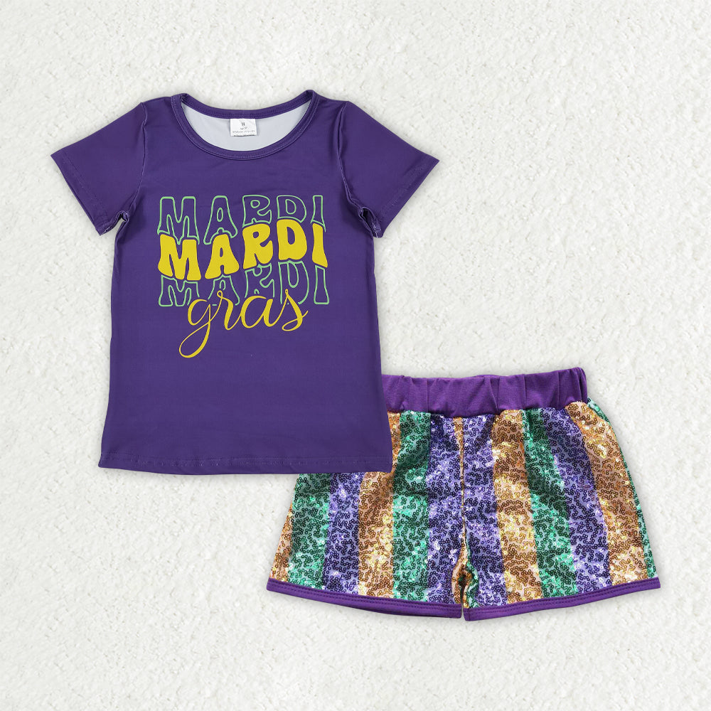 Baby Girls Purple Shorts Top Stripe Sequin Shorts Mardigras Clothes Sets