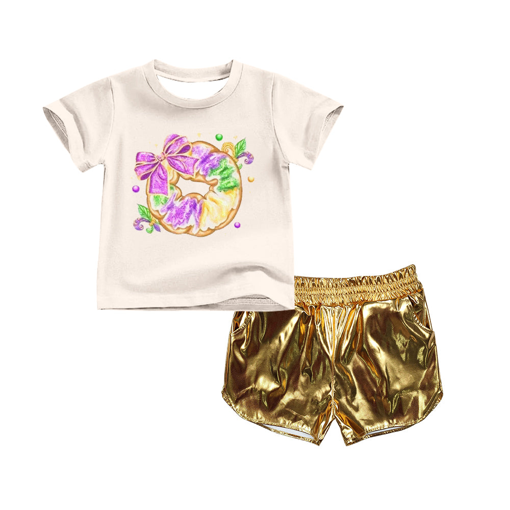 Baby Girls Bow Anchor Donuts Top Yellow Leather Shorts Mardigras Clothes Sets Preorder