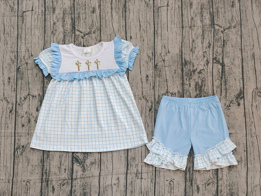 Embroidery Crosses Baby Girls Blue Checked Tunic Ruffle Shorts Easter Clothes Sets Preorder