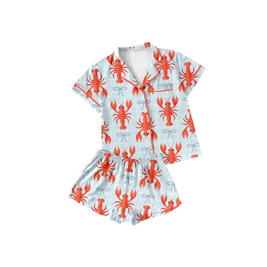 Baby Girls Bows Crayfishes Checked Button Top Shorts Pajamas Sets Preorder